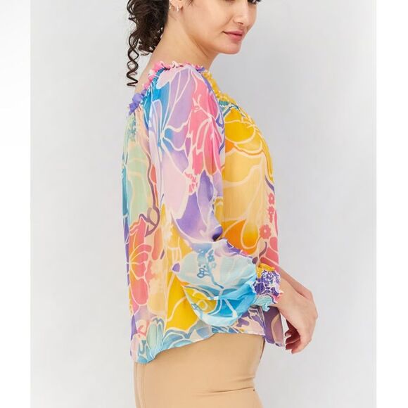 Ramy Brook Addison Floral Off the Shoulder Boxy Loose 100% Silk Top Size Small - Picture 5 of 14